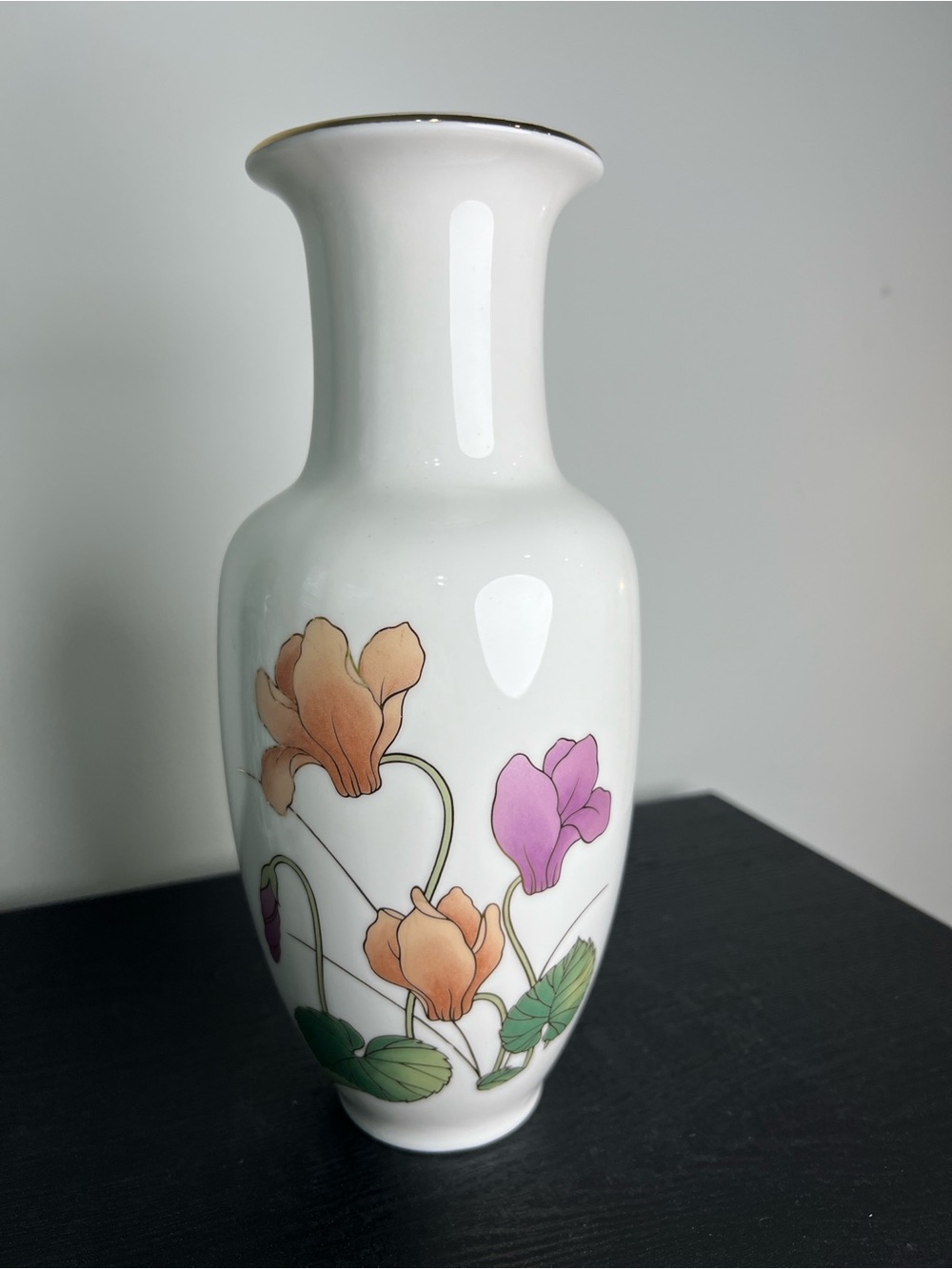 Vintage Japanese Porcelain White Vase with Peach & Purple Cylcamen Floral Design